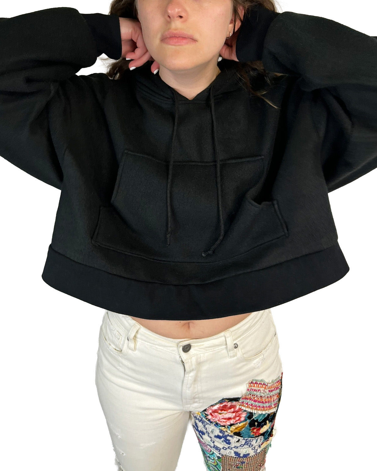 Black Cropped Fleece Hoodie