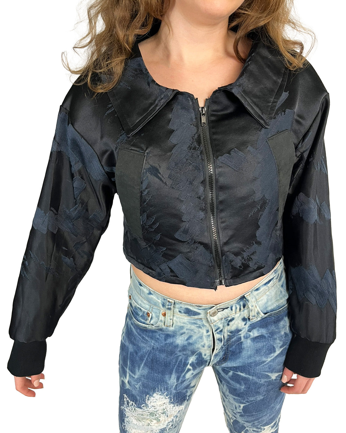 Midnight Brushstroke Cropped Bomber Jacket