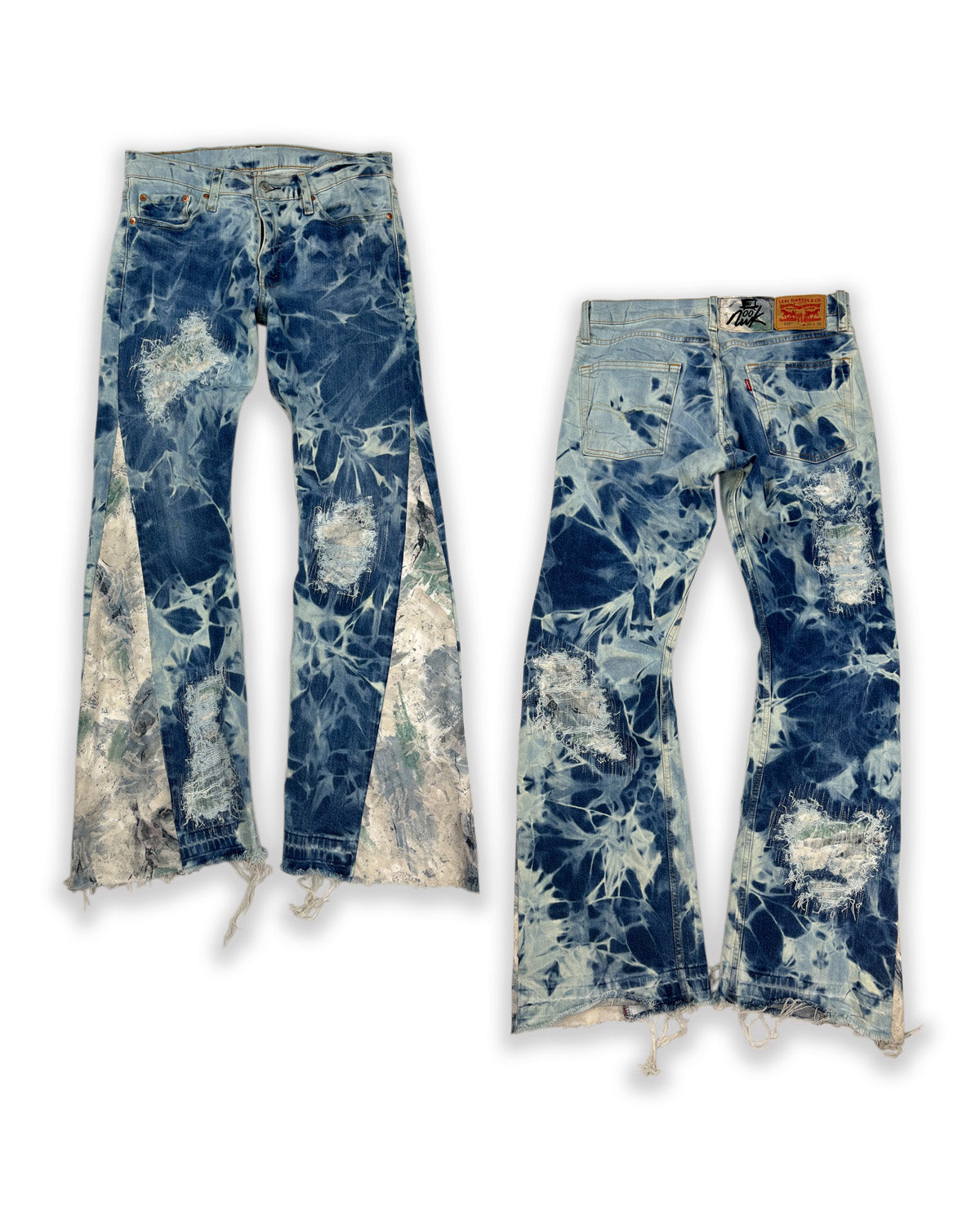 Abstract Blue Floral Bleached Flared Denim