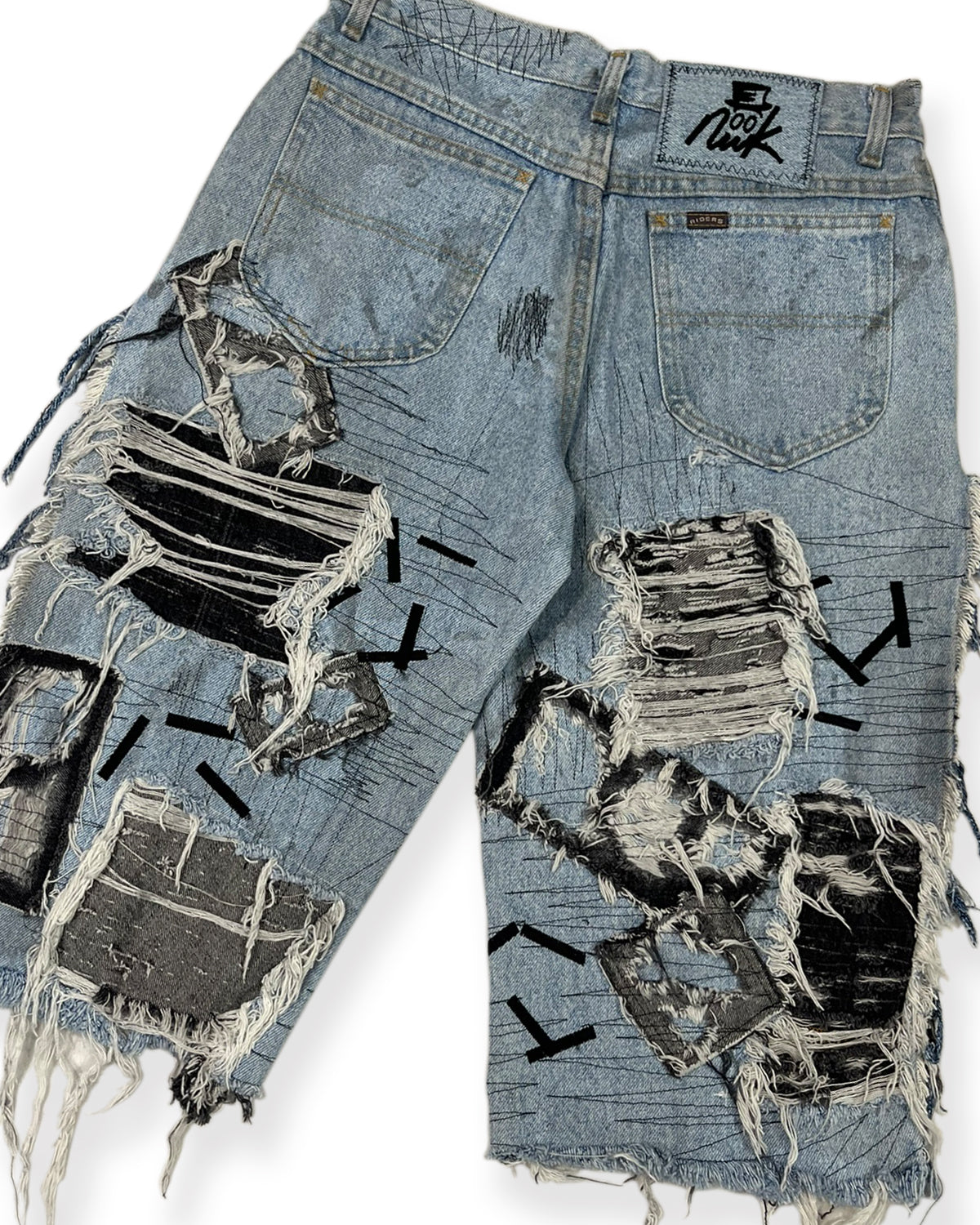 Open-Side Distressed Patchwork Denim Shorts