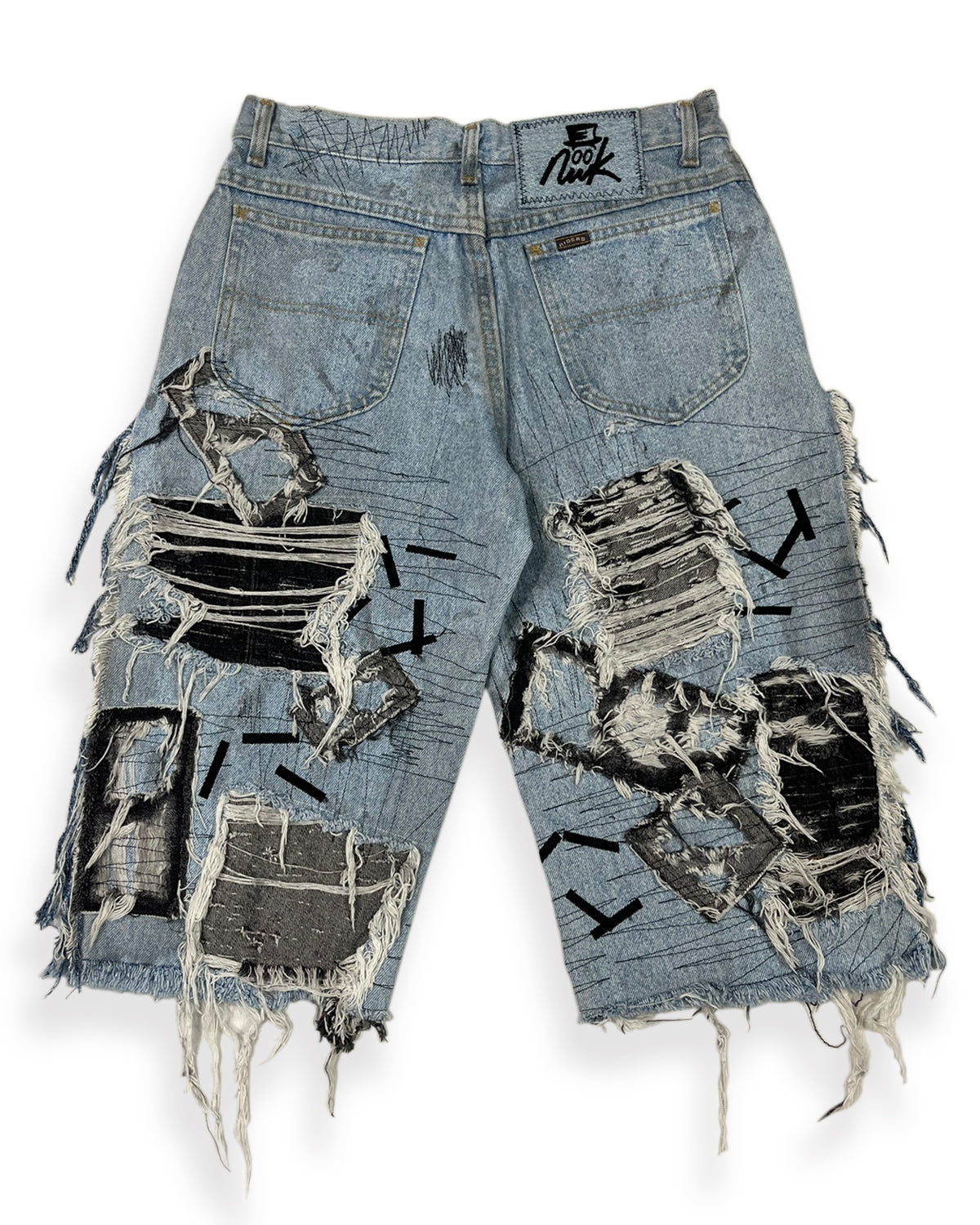 Open-Side Distressed Patchwork Denim Shorts