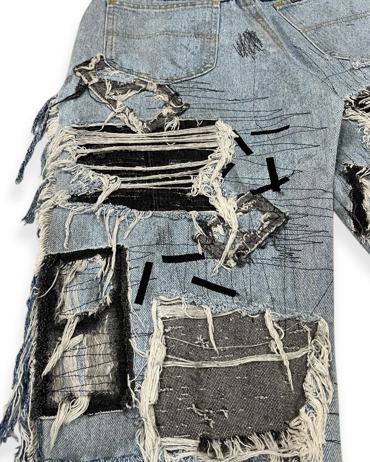 Open-Side Distressed Patchwork Denim Shorts