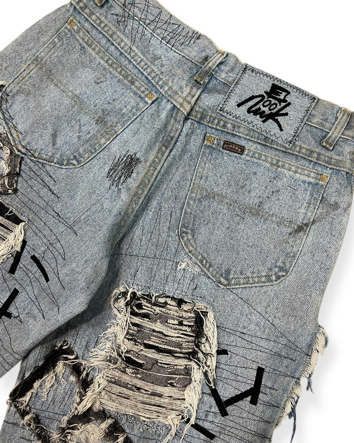 Open-Side Distressed Patchwork Denim Shorts