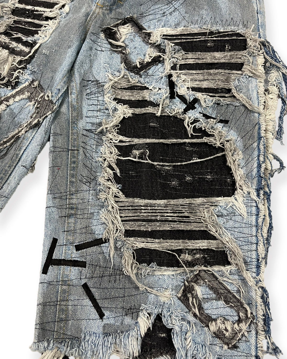 Open-Side Distressed Patchwork Denim Shorts