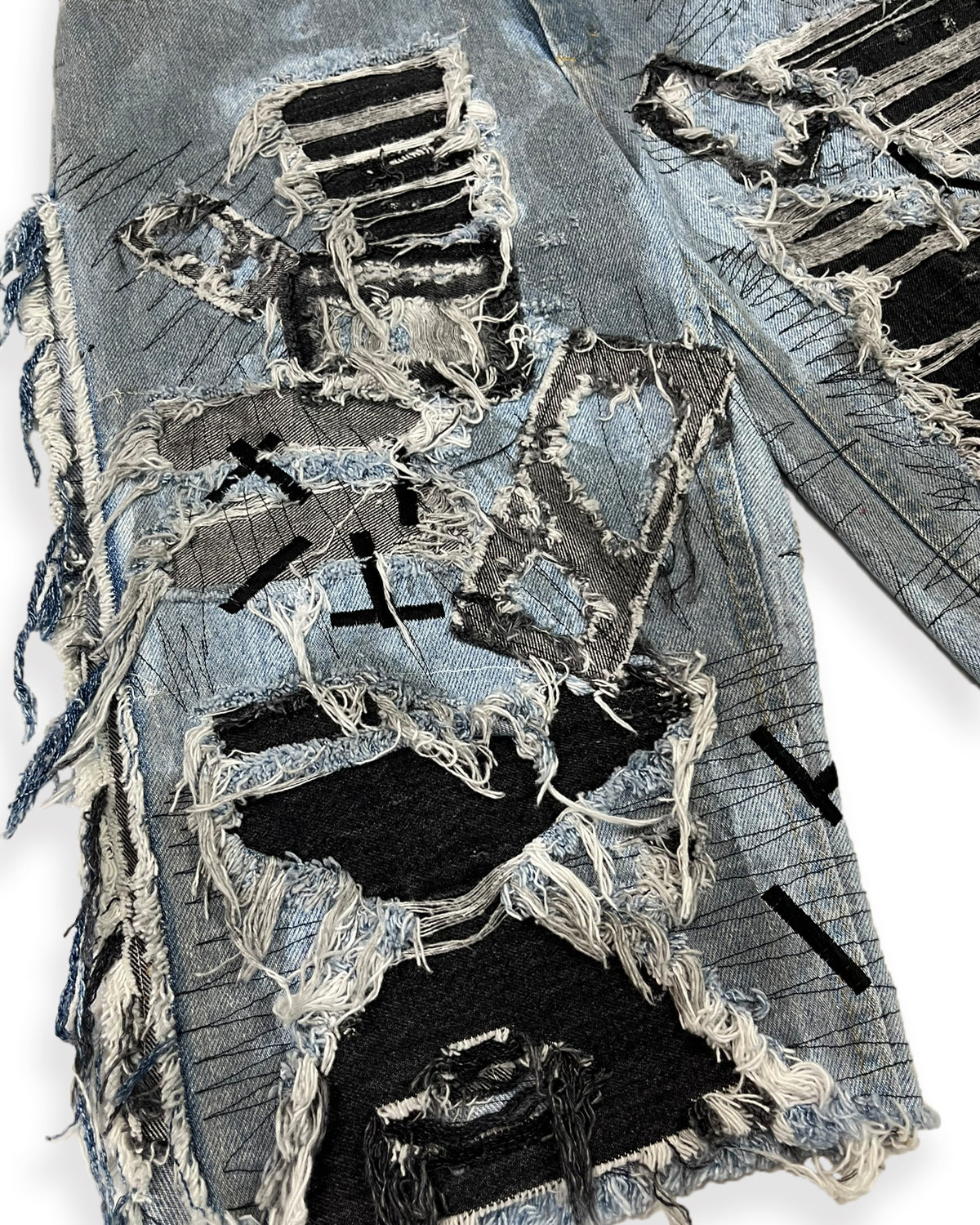 Open-Side Distressed Patchwork Denim Shorts