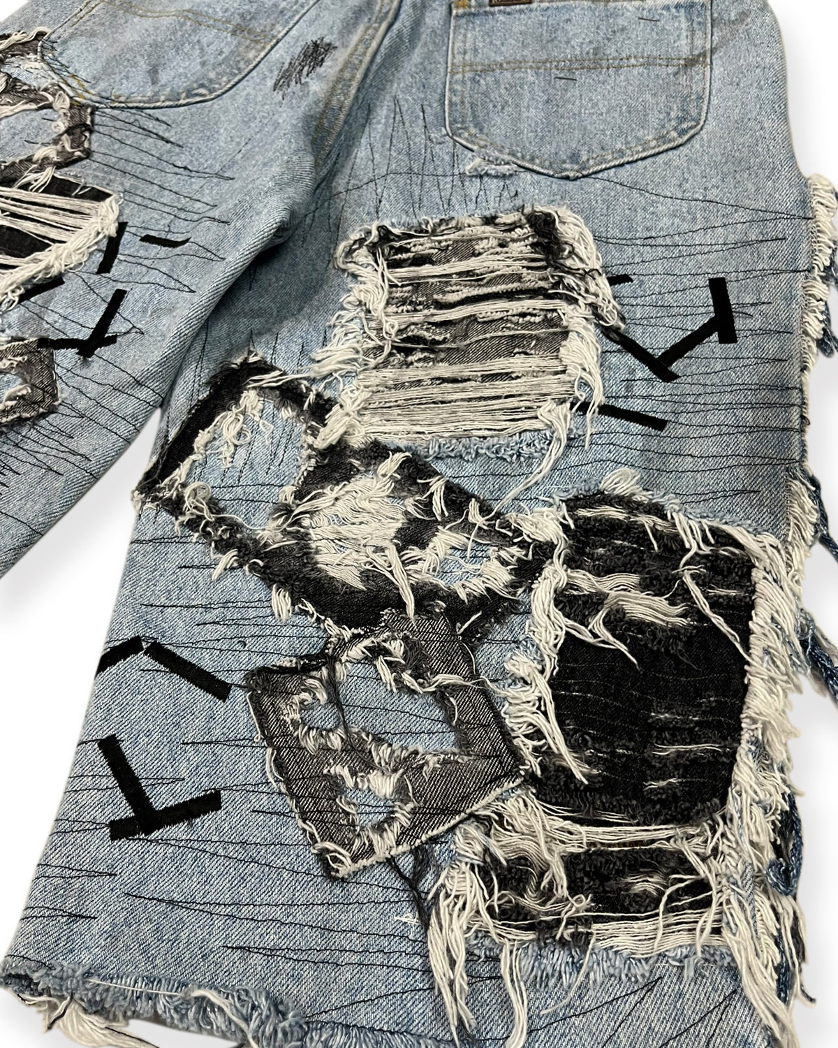Open-Side Distressed Patchwork Denim Shorts