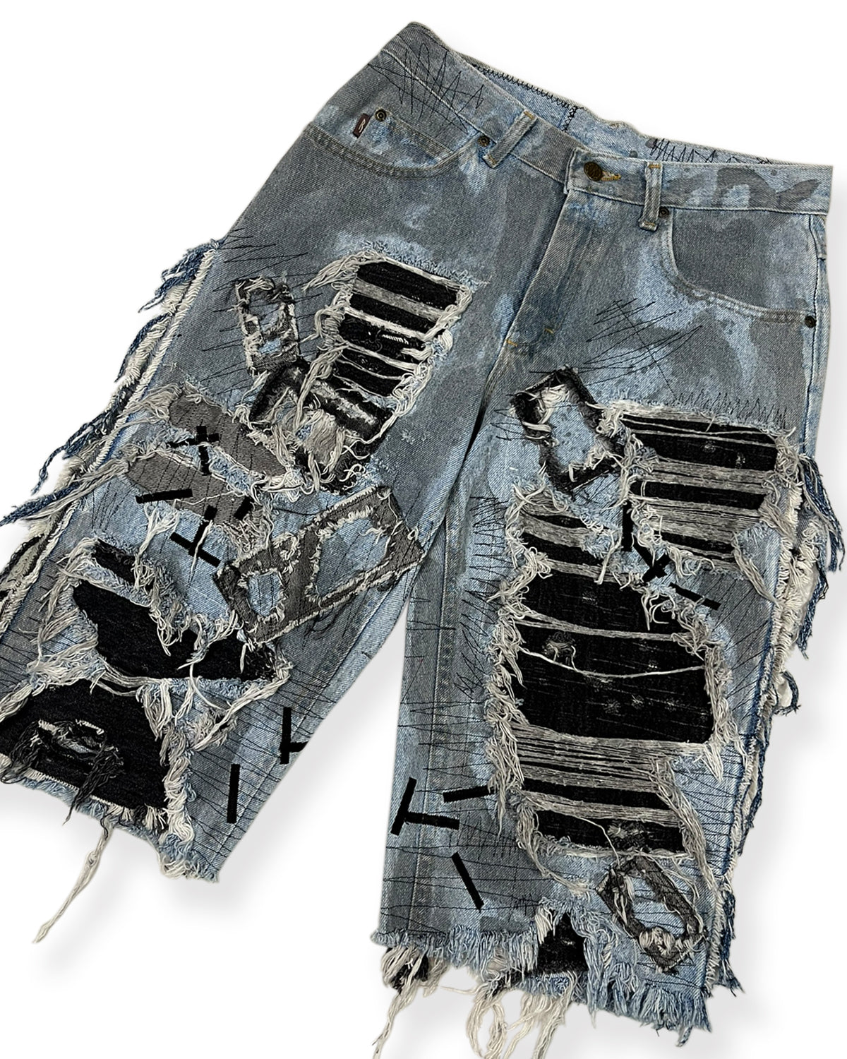 Open-Side Distressed Patchwork Denim Shorts