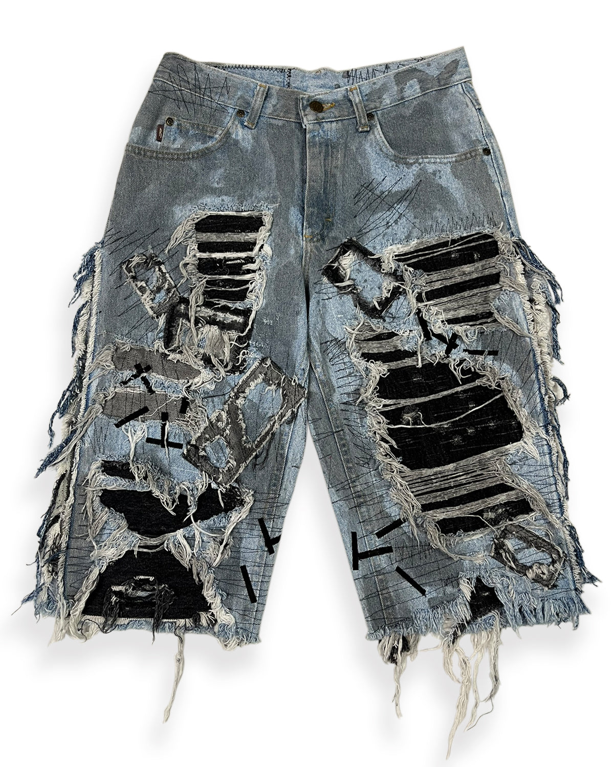 Open-Side Distressed Patchwork Denim Shorts