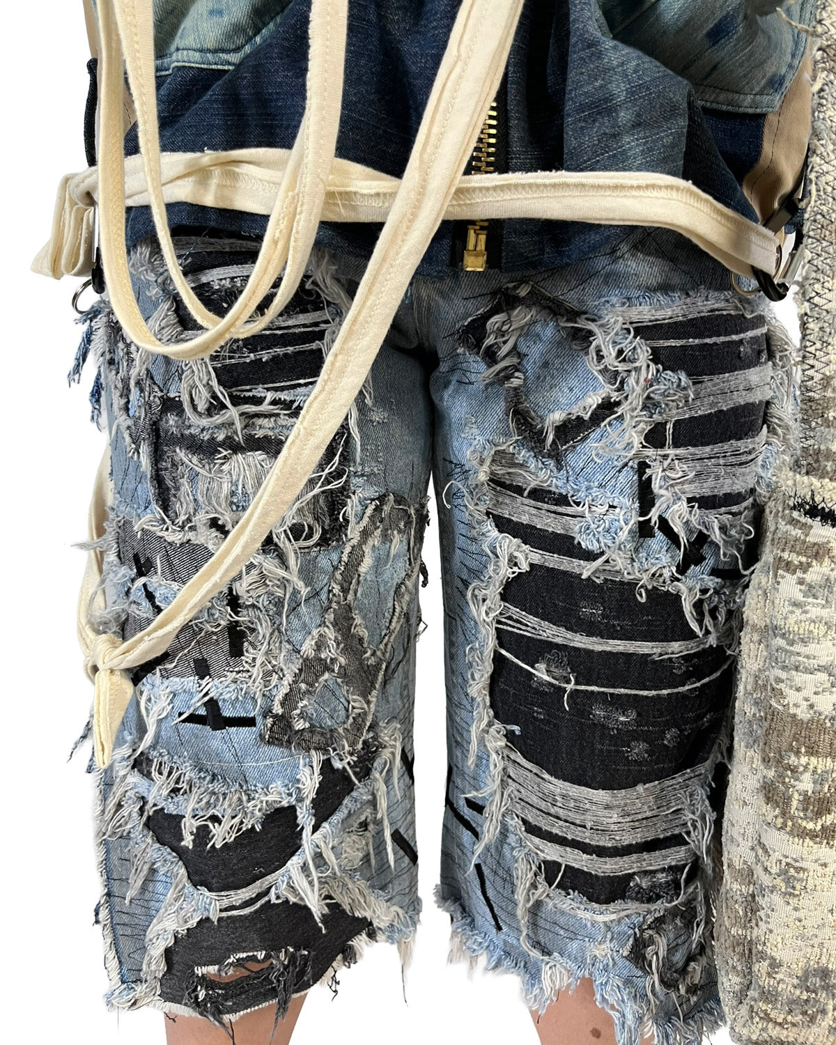 Open-Side Distressed Patchwork Denim Shorts