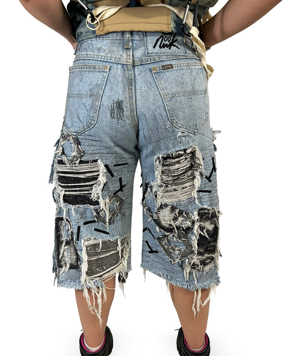 Open-Side Distressed Patchwork Denim Shorts