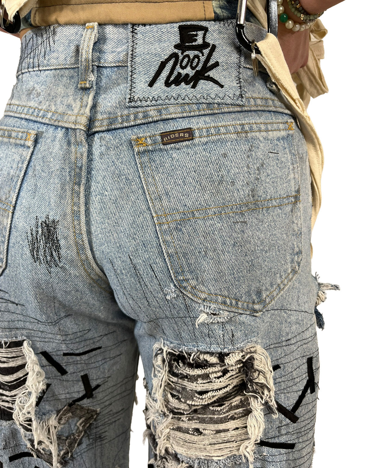 Open-Side Distressed Patchwork Denim Shorts