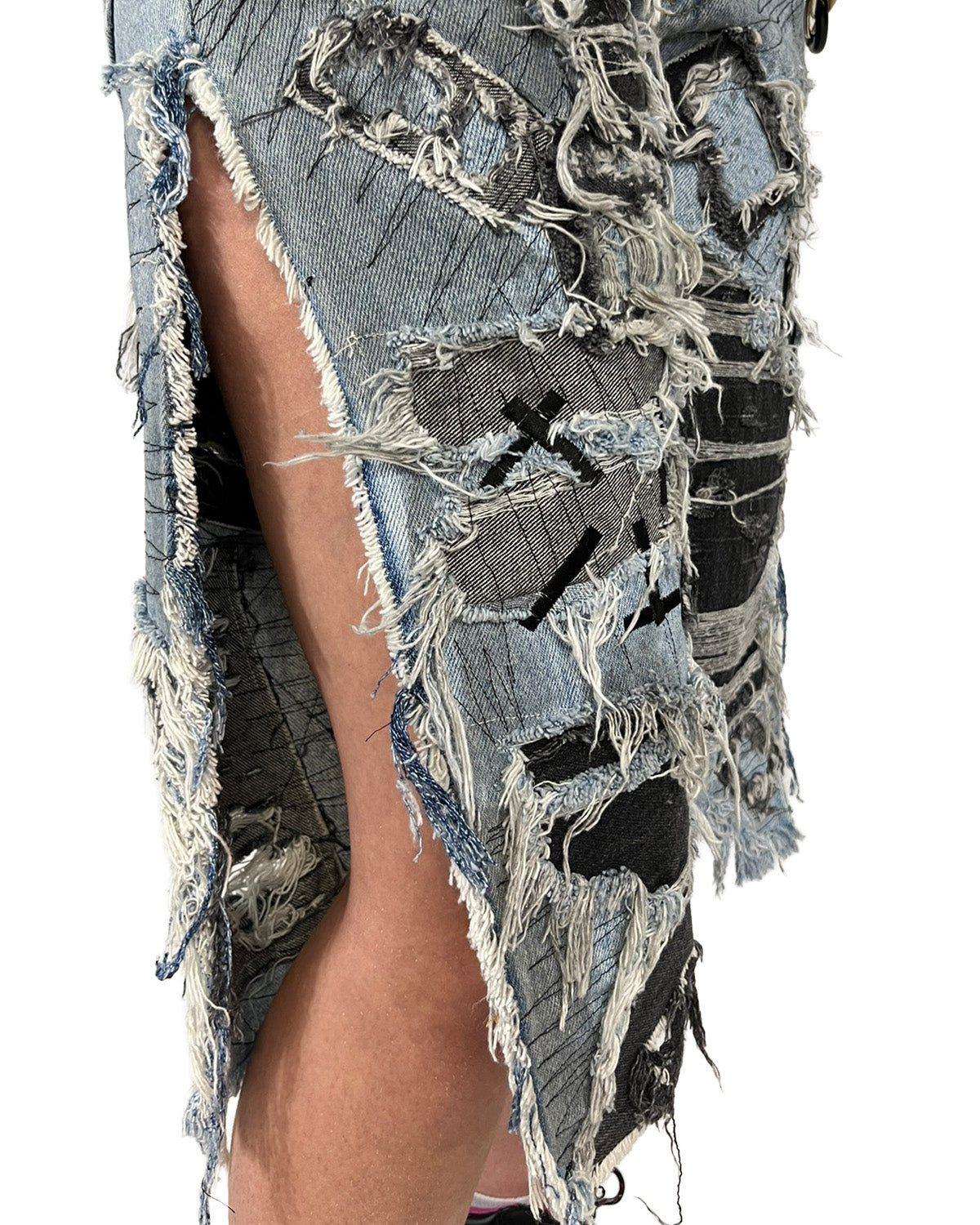Open-Side Distressed Patchwork Denim Shorts