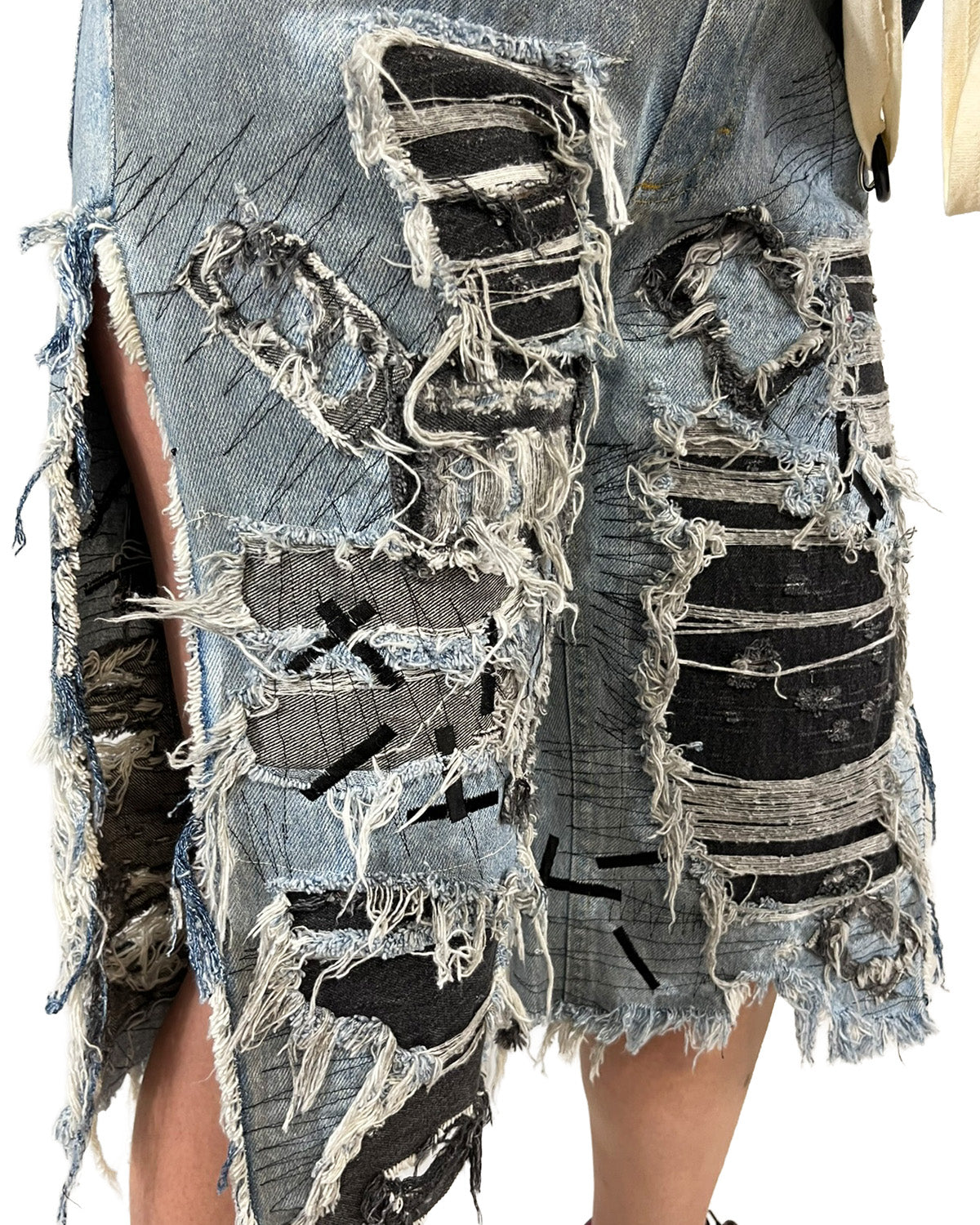 Open-Side Distressed Patchwork Denim Shorts