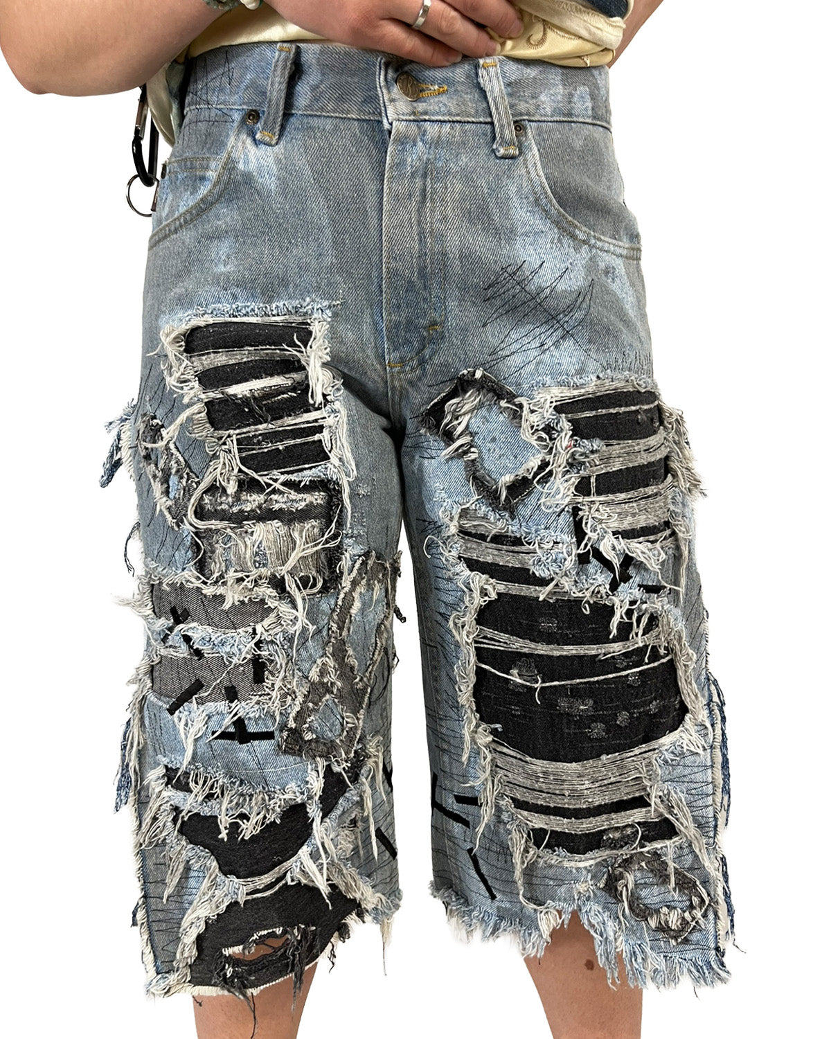 Open-Side Distressed Patchwork Denim Shorts