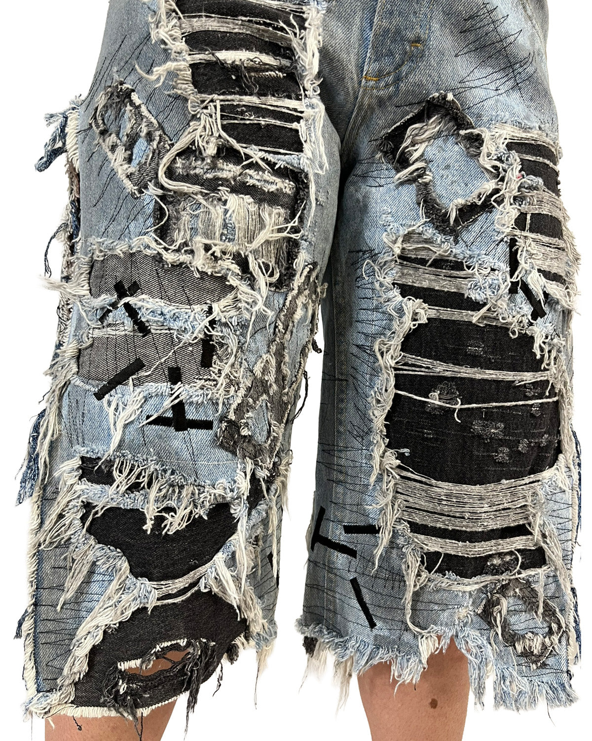 Open-Side Distressed Patchwork Denim Shorts
