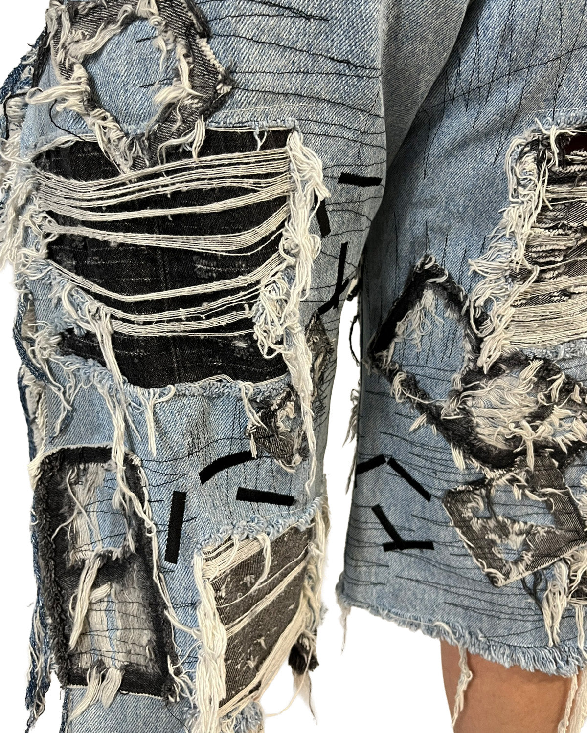 Open-Side Distressed Patchwork Denim Shorts