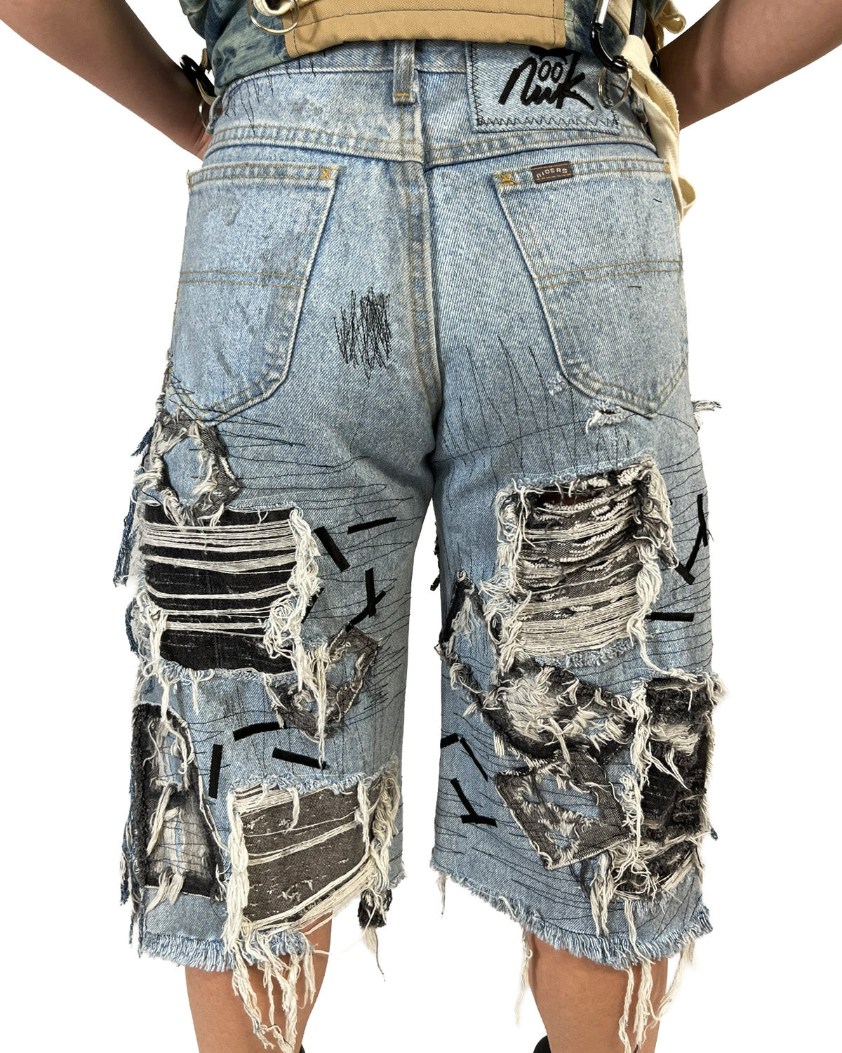 Open-Side Distressed Patchwork Denim Shorts