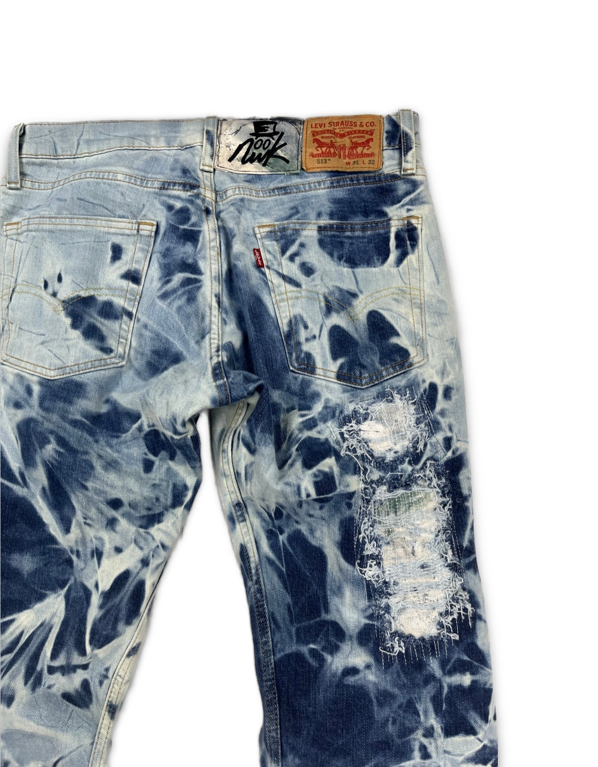 Abstract Blue Floral Bleached Flared Denim