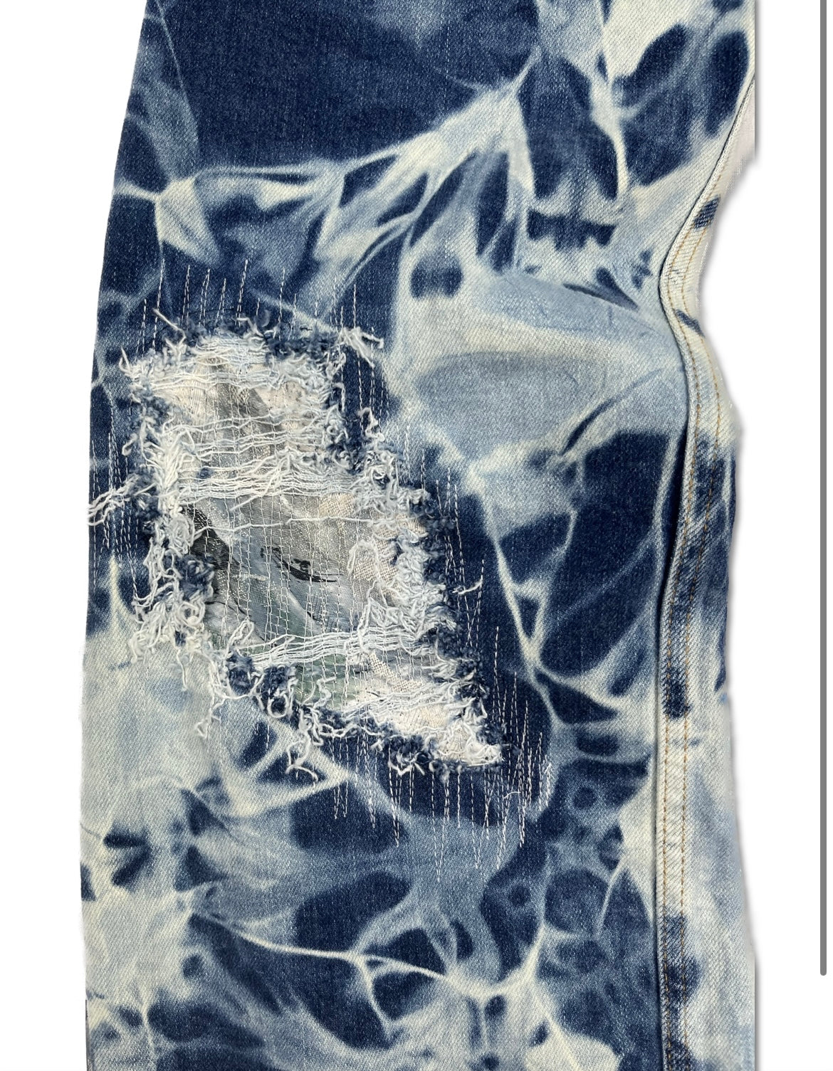 Abstract Blue Floral Bleached Flared Denim