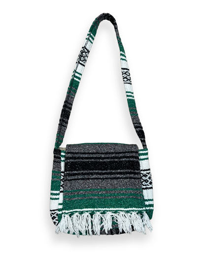 Vintage Striped Green Tapestry Blanket Shoulder Bag - 12in