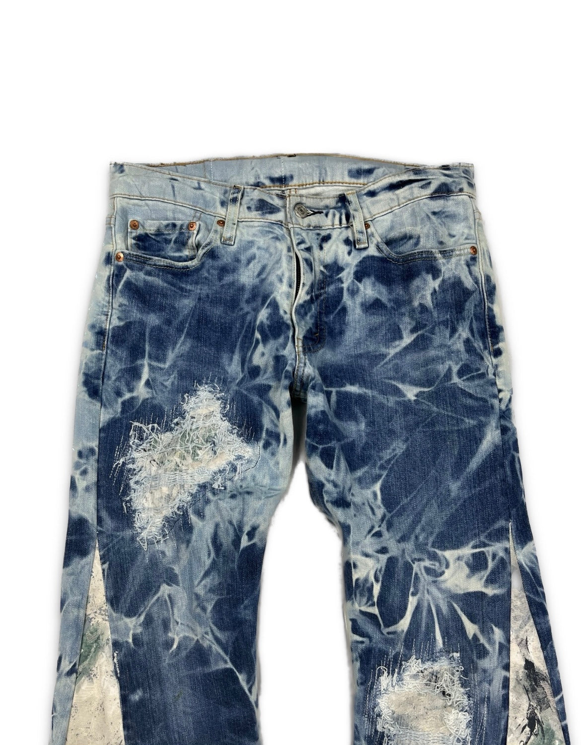 Abstract Blue Floral Bleached Flared Denim