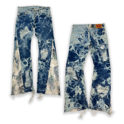 Abstract Blue Floral Bleached Flared Denim