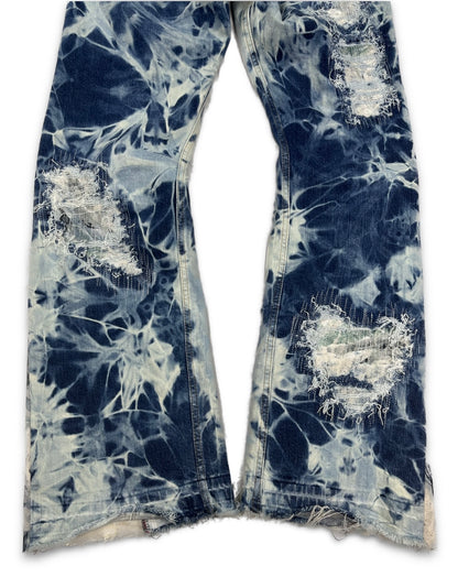 Abstract Blue Floral Bleached Flared Denim