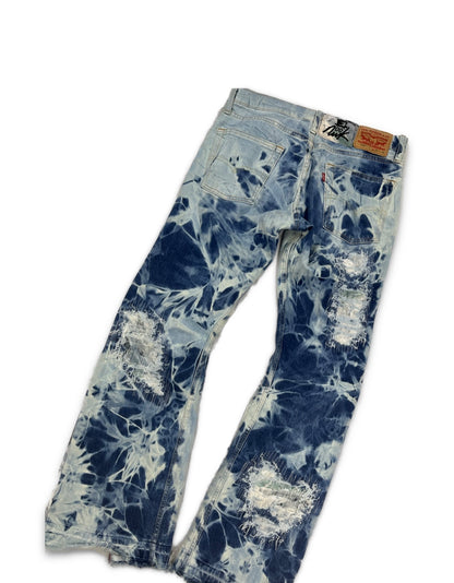 Abstract Blue Floral Bleached Flared Denim