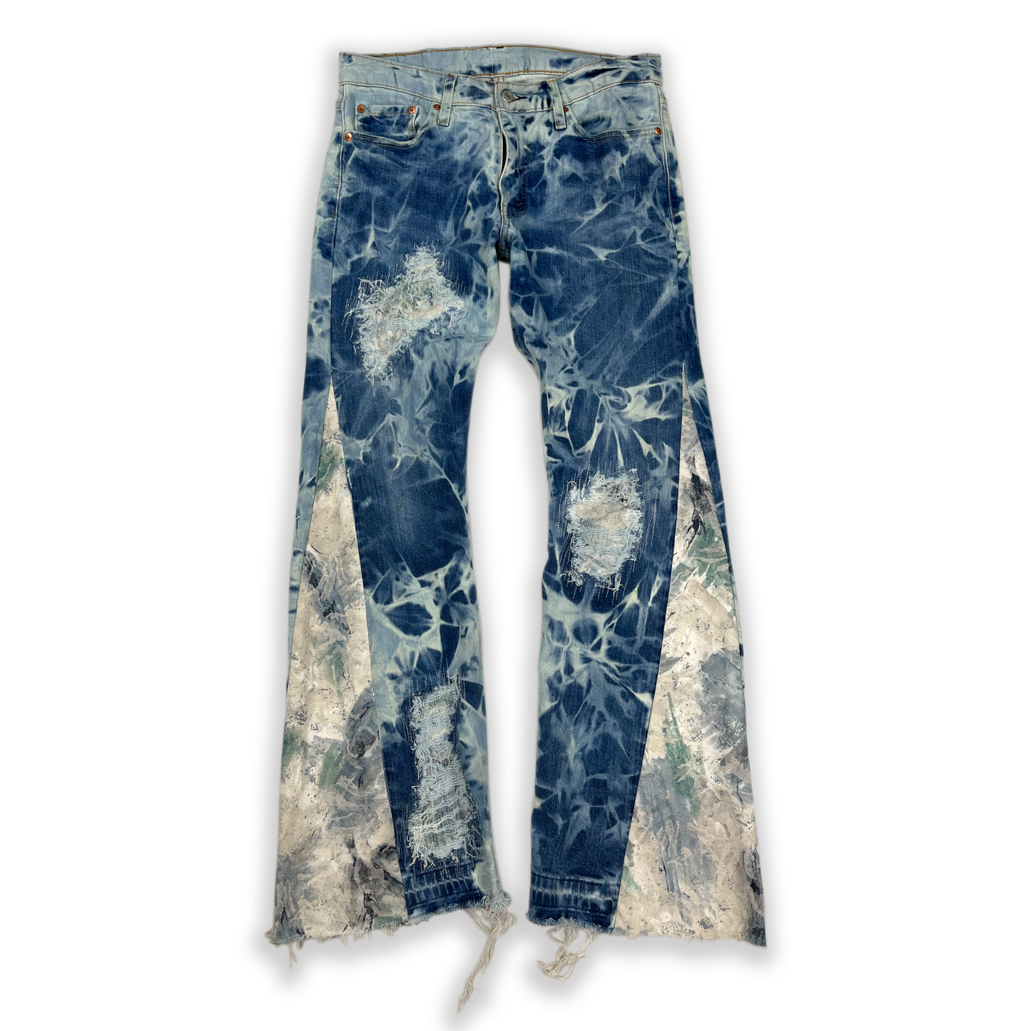 Abstract Blue Floral Bleached Flared Denim