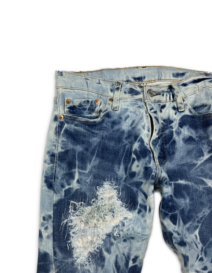 Abstract Blue Floral Bleached Flared Denim