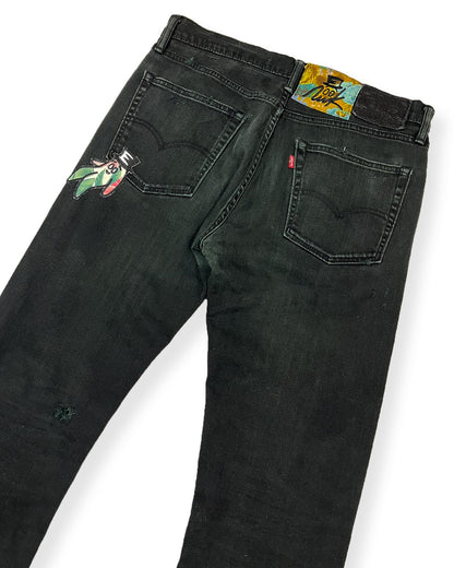 Black Distressed Bop Patches Denim
