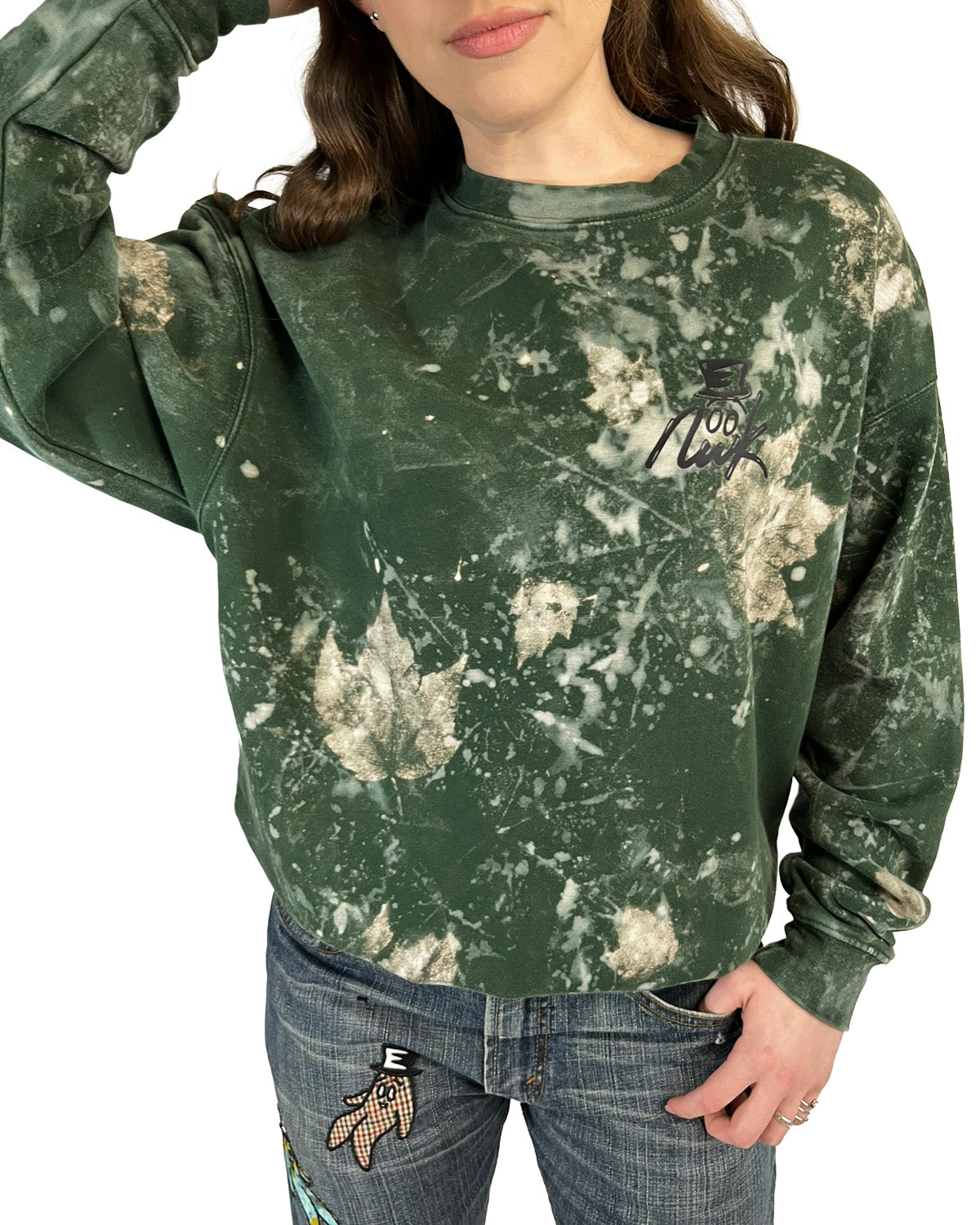 Forest Green Leaf Bleached NWK Crewneck