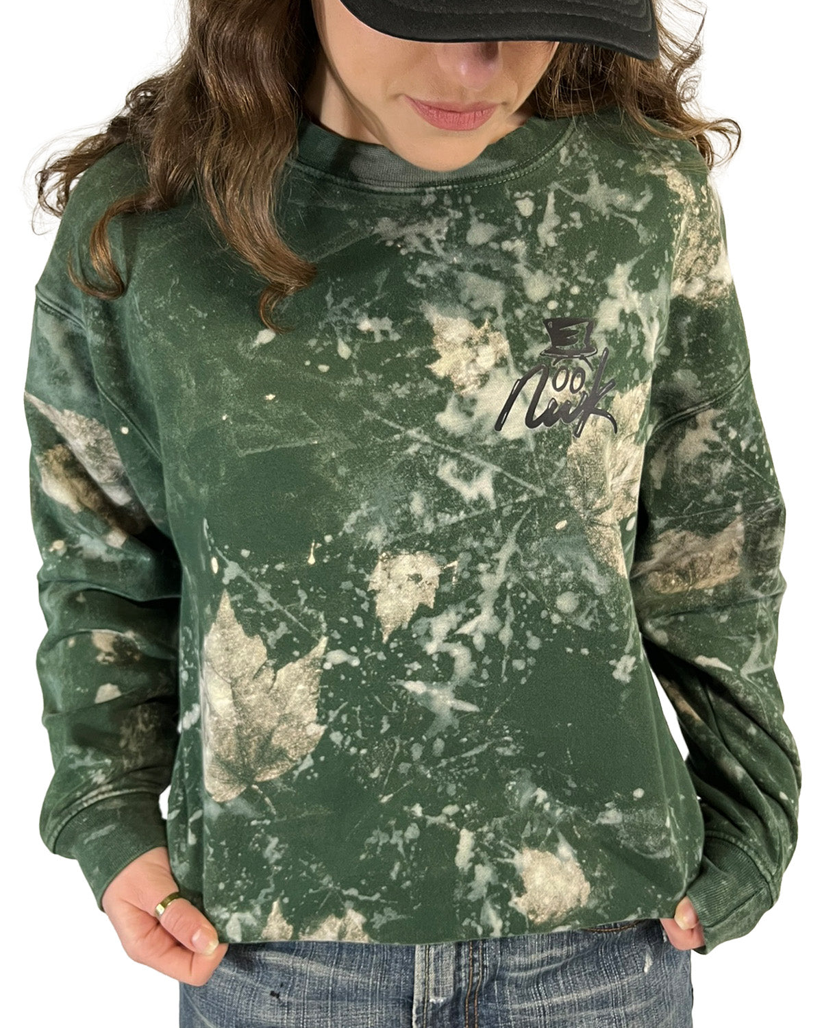 Forest Green Leaf Bleached NWK Crewneck