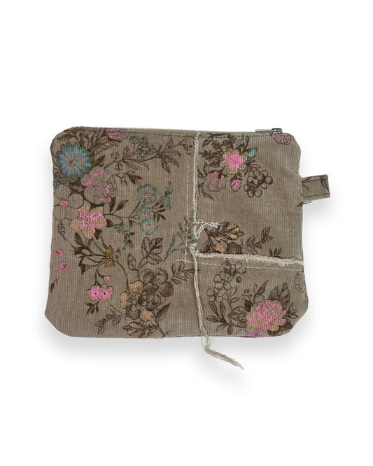 Brown Corduroy Floral Zipper Pouch