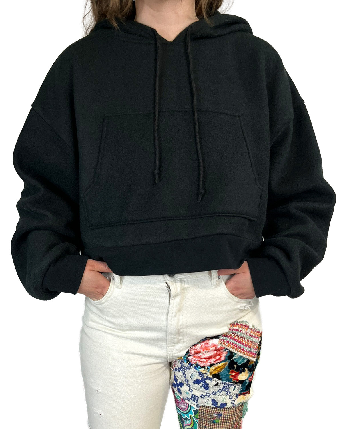 Black Cropped Fleece Hoodie