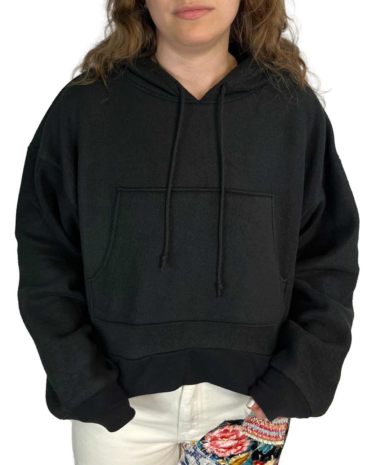 Black Cropped Fleece Hoodie