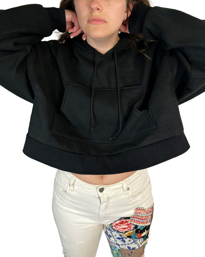 Black Cropped Fleece Hoodie