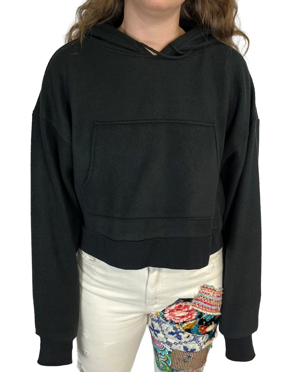 Black Cropped Fleece Hoodie