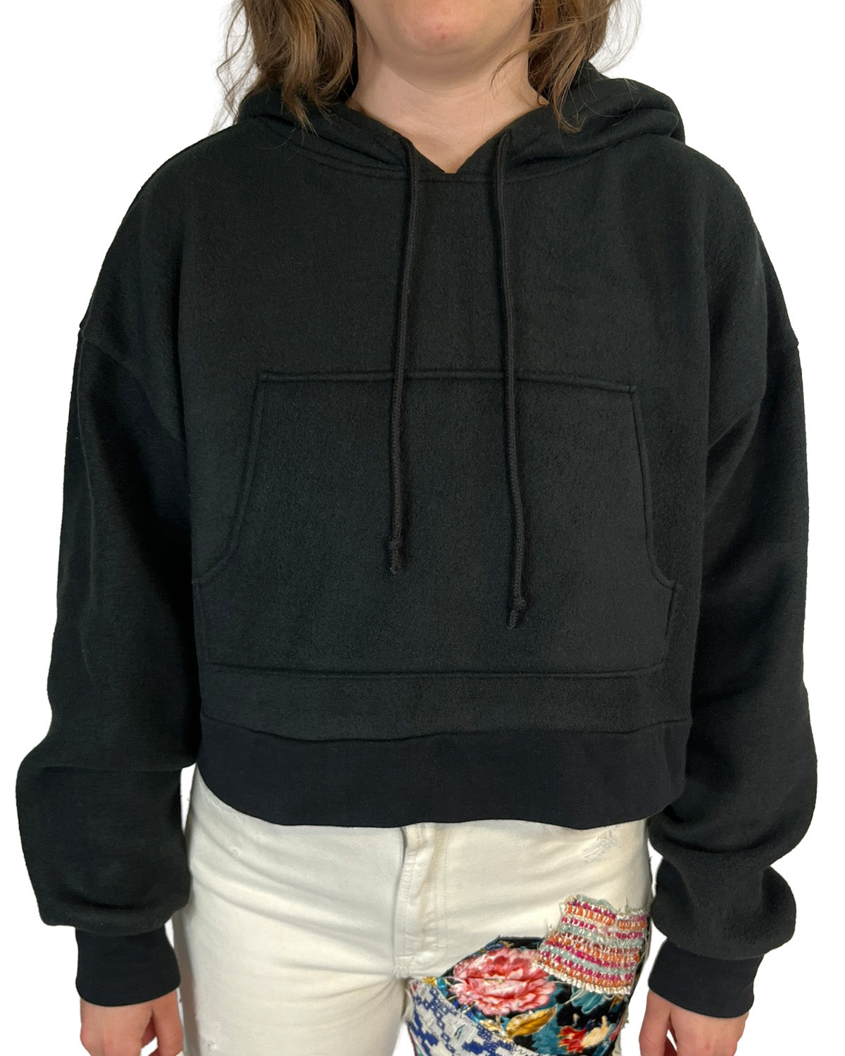 Black Cropped Fleece Hoodie