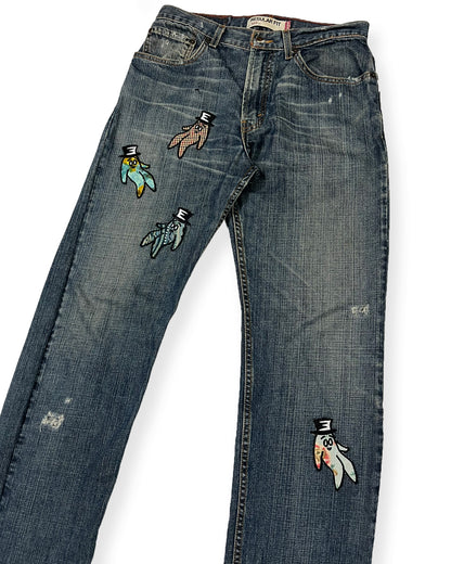 Dark Blue Distressed Bop Patches Denim