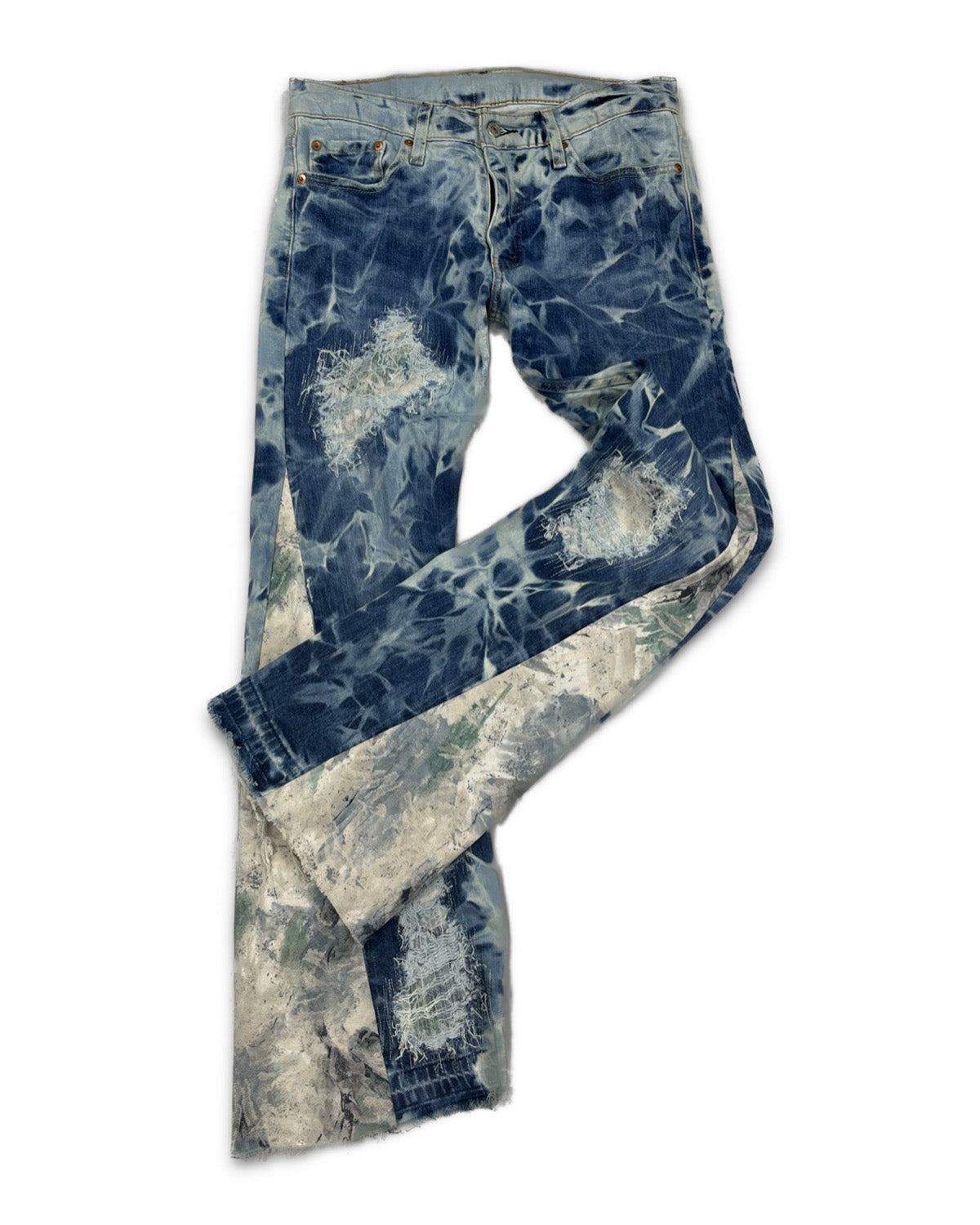 Abstract Blue Floral Bleached Flared Denim