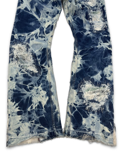 Abstract Blue Floral Bleached Flared Denim
