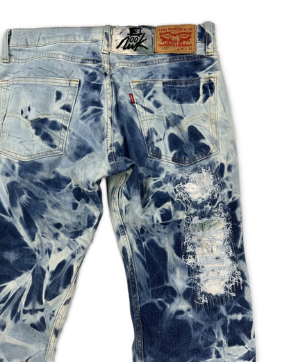 Abstract Blue Floral Bleached Flared Denim