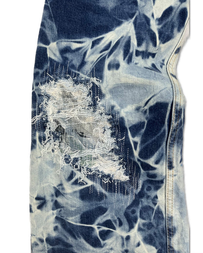 Abstract Blue Floral Bleached Flared Denim