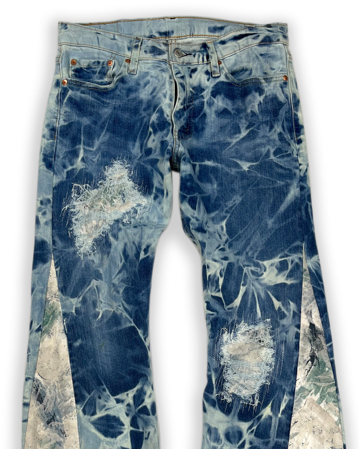 Abstract Blue Floral Bleached Flared Denim