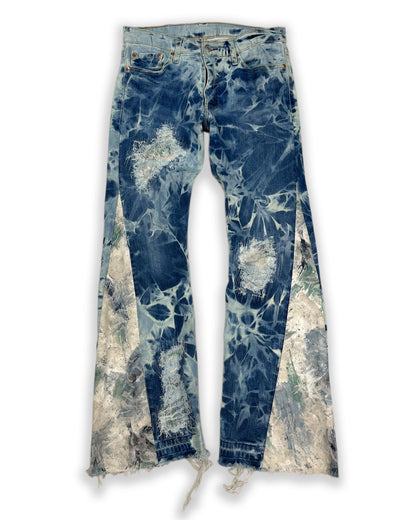 Abstract Blue Floral Bleached Flared Denim