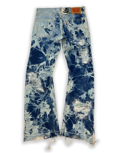 Abstract Blue Floral Bleached Flared Denim