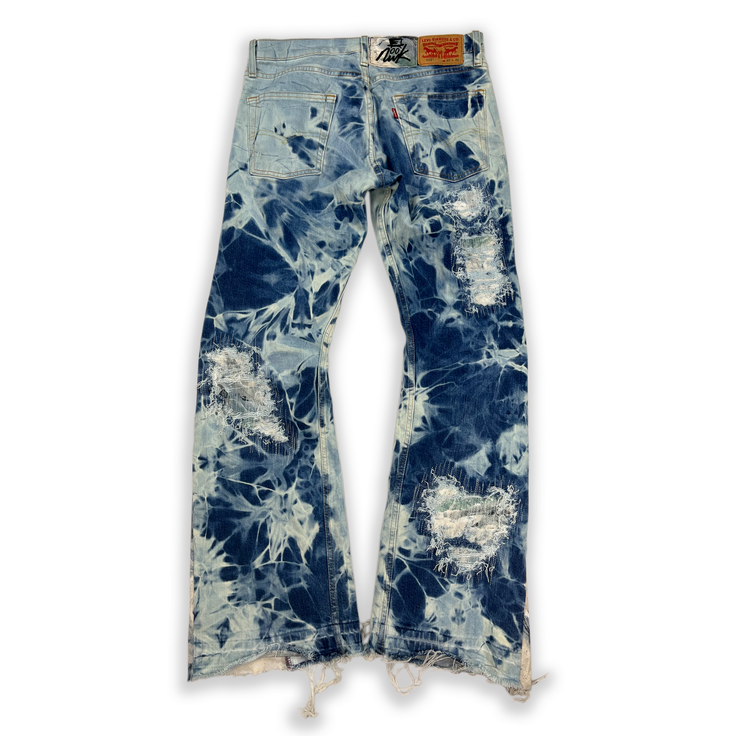 Abstract Blue Floral Bleached Flared Denim