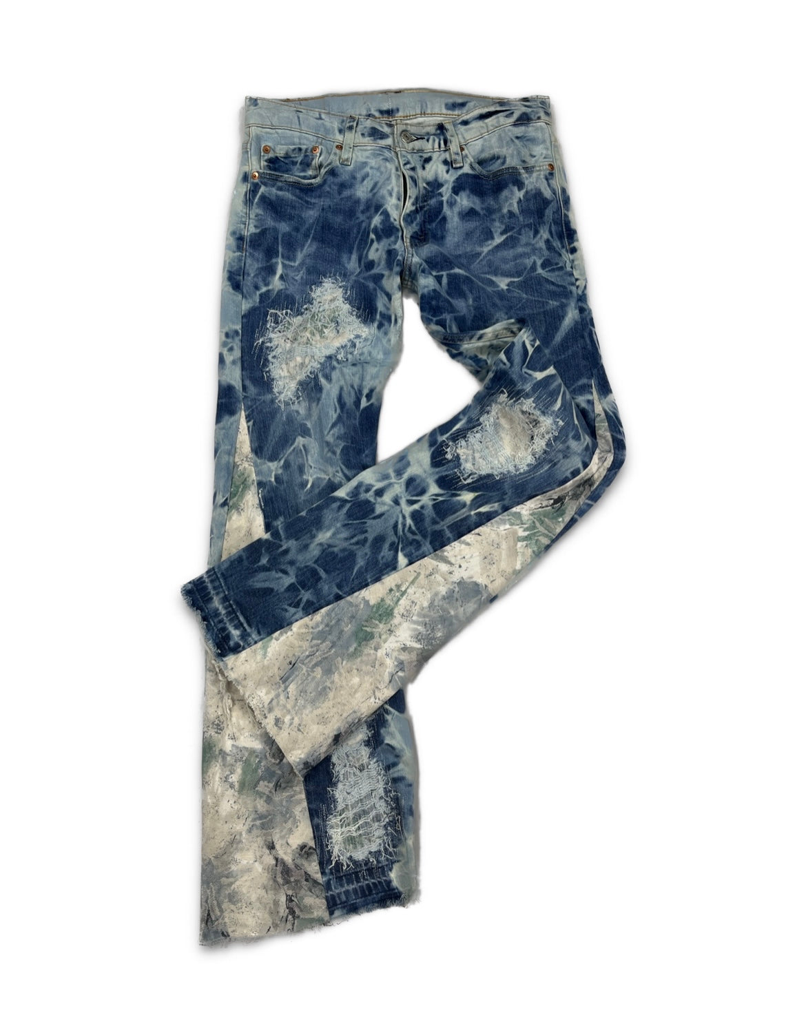 Abstract Blue Floral Bleached Flared Denim