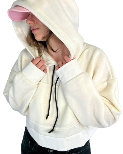 Ivory Cropped Fleece Hoodie
